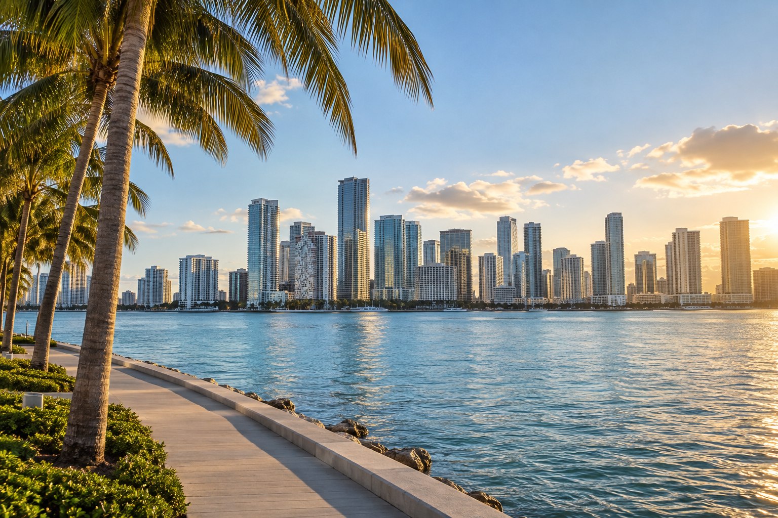 Miami skyline across Biscayne Bay, framed by palm trees and a waterfront promenade
